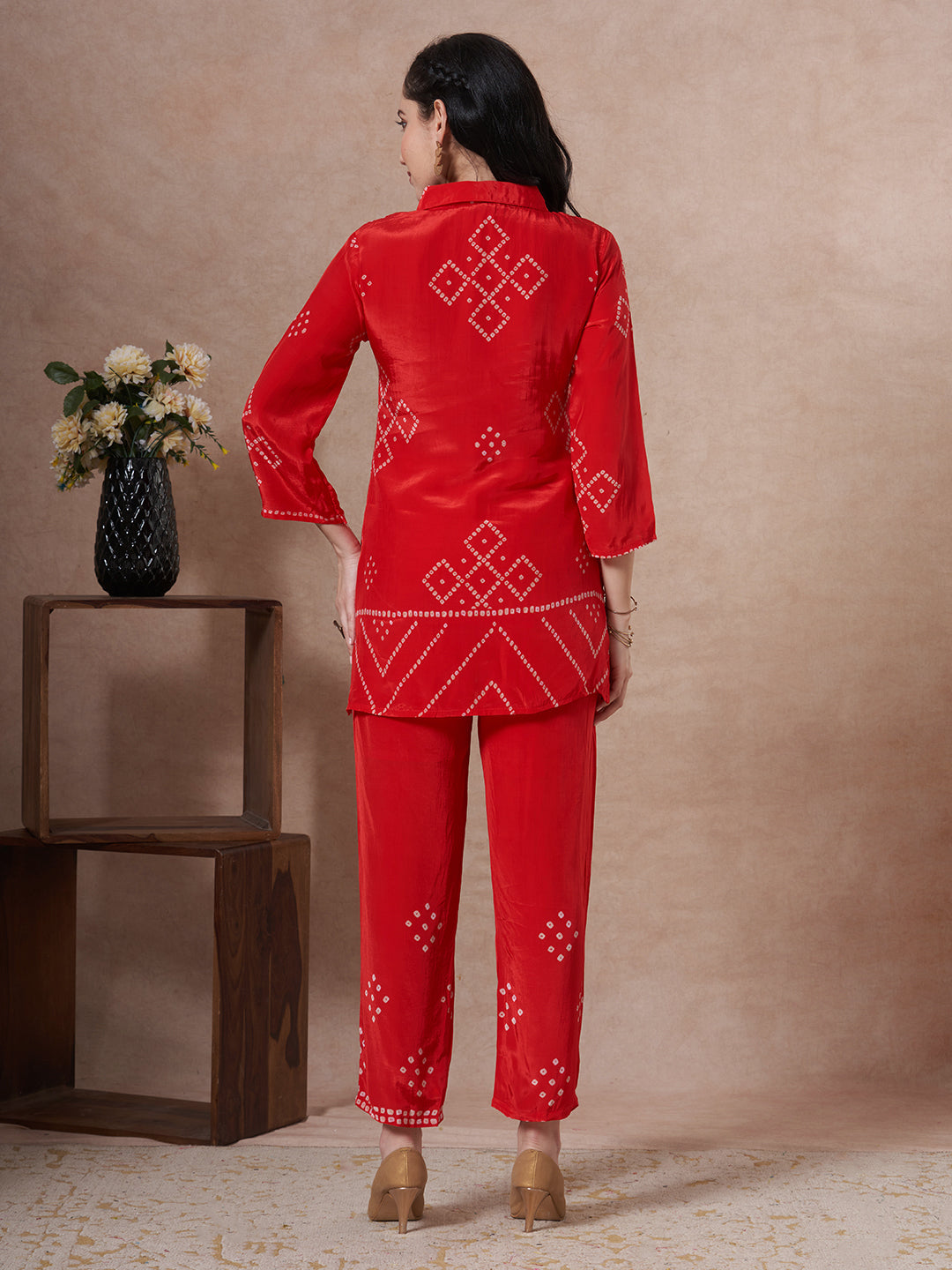 Bandhani Printed Straight Fit Co-ord Set - Pink