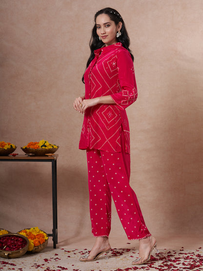 Bandhani Printed Straight Fit Co-ord Set - Red