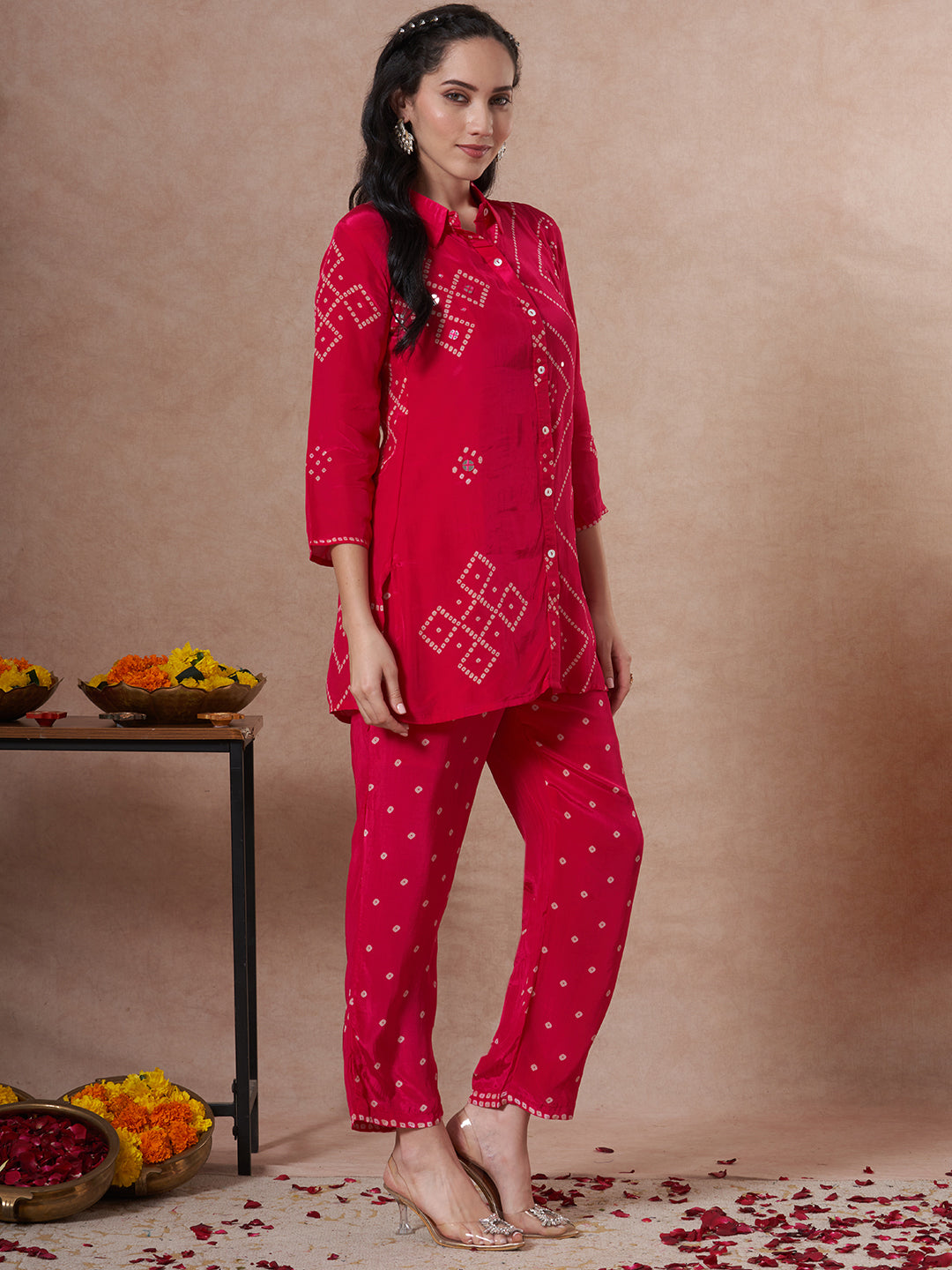 Bandhani Printed Straight Fit Co-ord Set - Red