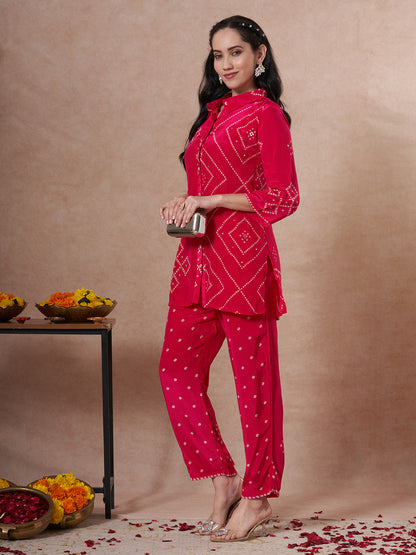 Bandhani Printed Straight Fit Co-ord Set - Red