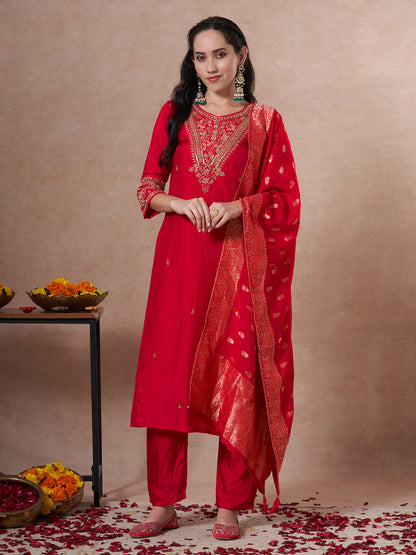 Solid Ethnic Embroidered Straight Kurta with Pant & Dupatta - Rani
