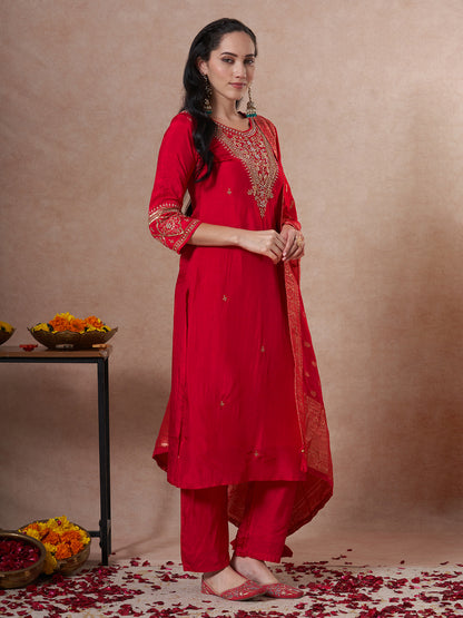 Solid Ethnic Embroidered Straight Kurta with Pant & Dupatta - Rani
