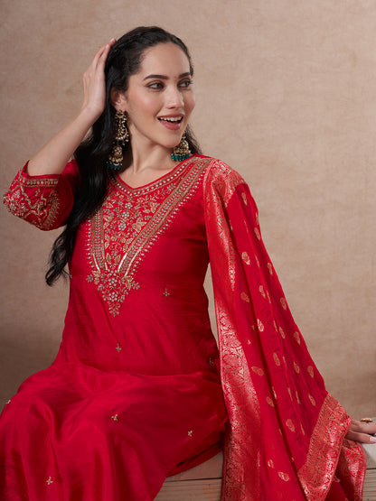 Solid Ethnic Embroidered Straight Kurta with Pant & Dupatta - Rani