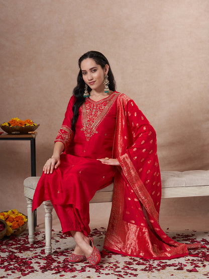 Solid Ethnic Embroidered Straight Kurta with Pant & Dupatta - Rani
