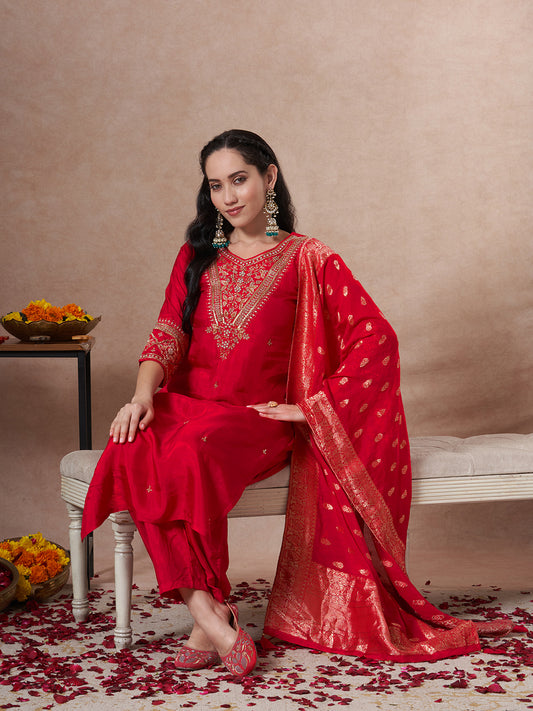 Solid Ethnic Embroidered Straight Kurta with Pant & Dupatta - Rani