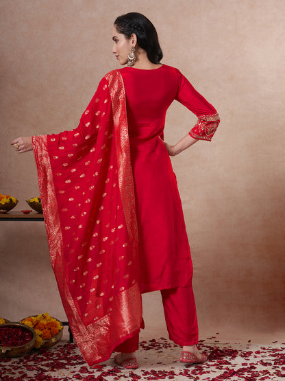 Solid Ethnic Embroidered Straight Kurta with Pant & Dupatta - Rani