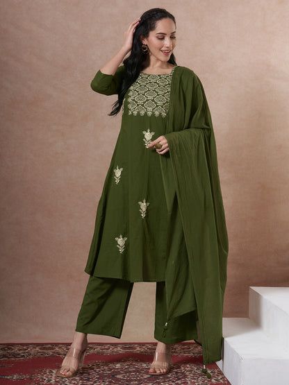 Solid Floral Embroidered A-Line Kurta with Palazzo and Dupatta - Green
