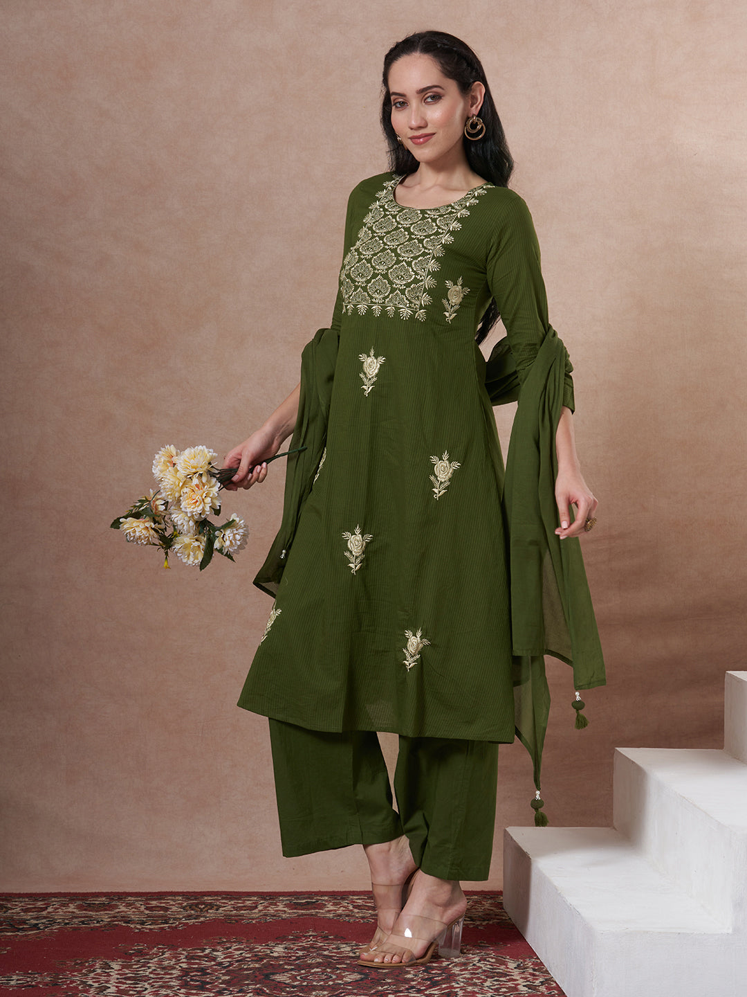 Solid Floral Embroidered A-Line Kurta with Palazzo and Dupatta - Green