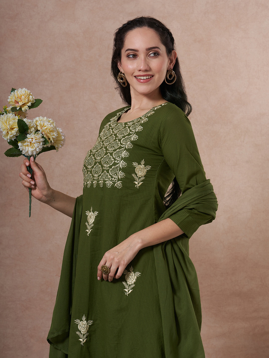 Solid Floral Embroidered A-Line Kurta with Palazzo and Dupatta - Green