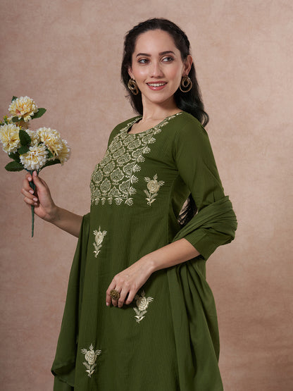 Solid Floral Embroidered A-Line Kurta with Palazzo and Dupatta - Green