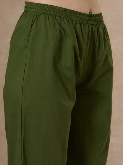 Solid Floral Embroidered A-Line Kurta with Palazzo and Dupatta - Green