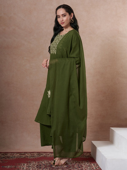 Solid Floral Embroidered A-Line Kurta with Palazzo and Dupatta - Green