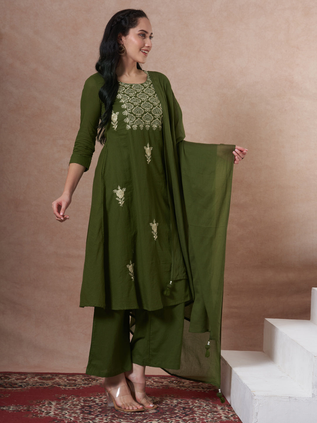 Solid Floral Embroidered A-Line Kurta with Palazzo and Dupatta - Green