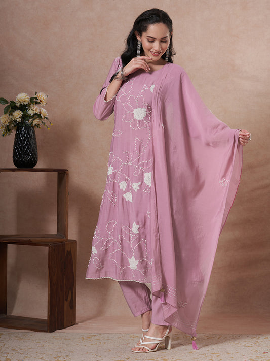 Solid French Knot Embroidered A-line Kurta with Pant and Dupatta - Pink