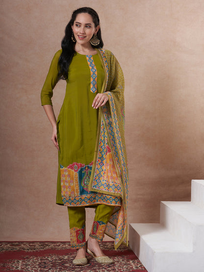 Solid Ethnic Printed Straight Kurta with Pant & Dupatta - Lime Green