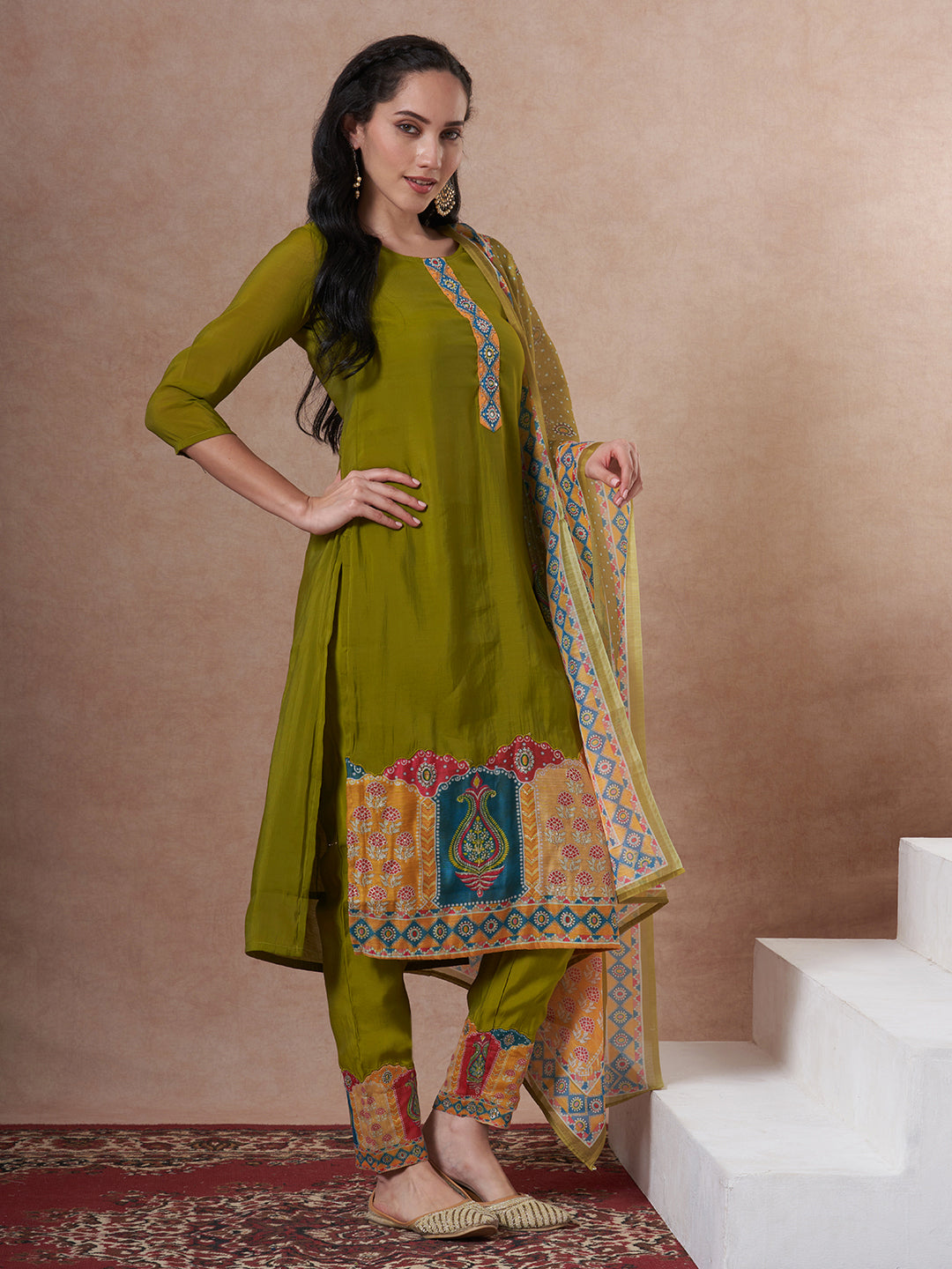 Solid Ethnic Printed Straight Kurta with Pant & Dupatta - Lime Green