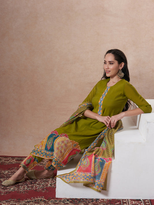 Solid Ethnic Printed Straight Kurta with Pant & Dupatta - Lime Green