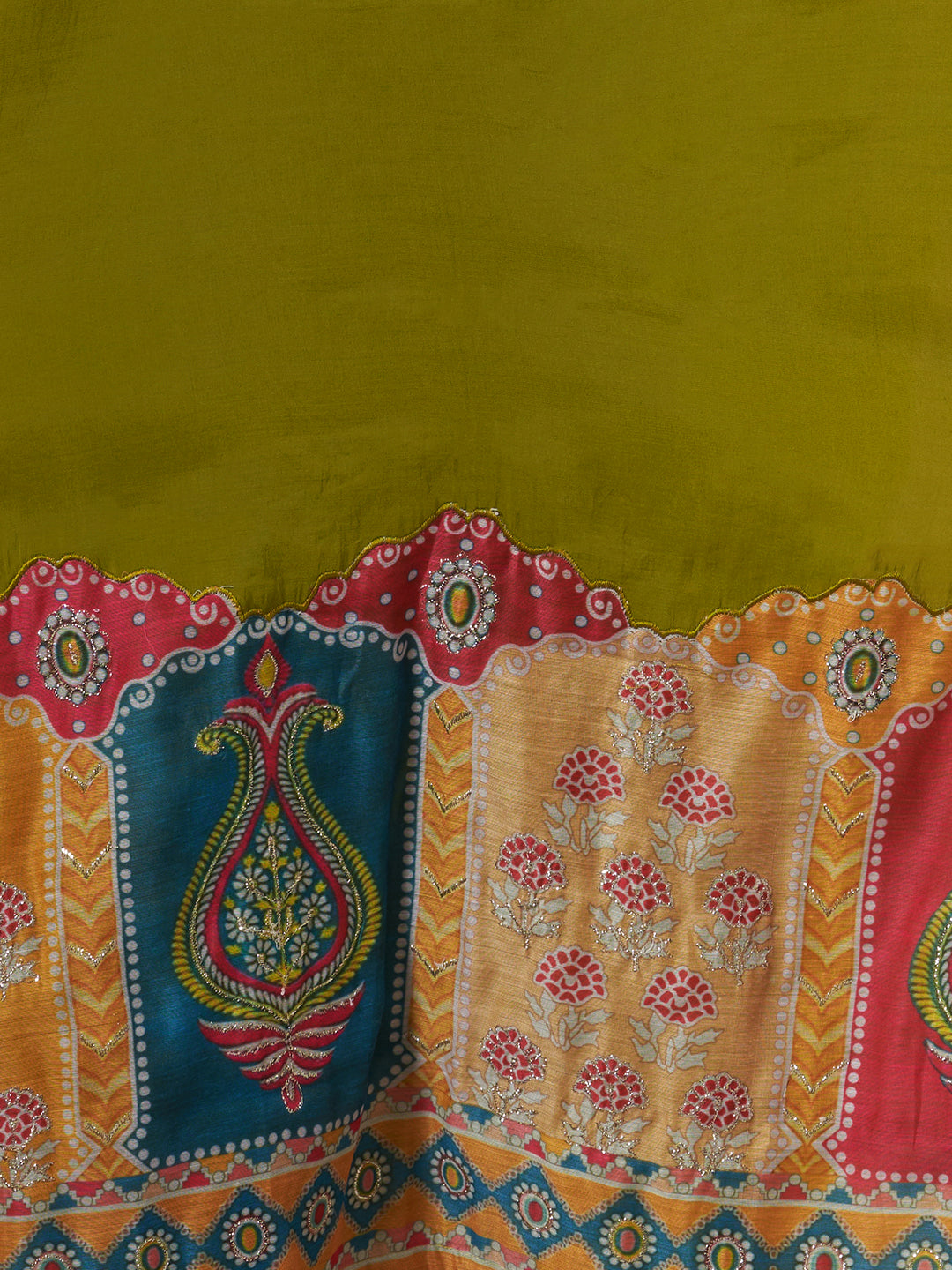 Solid Ethnic Printed Straight Kurta with Pant & Dupatta - Lime Green