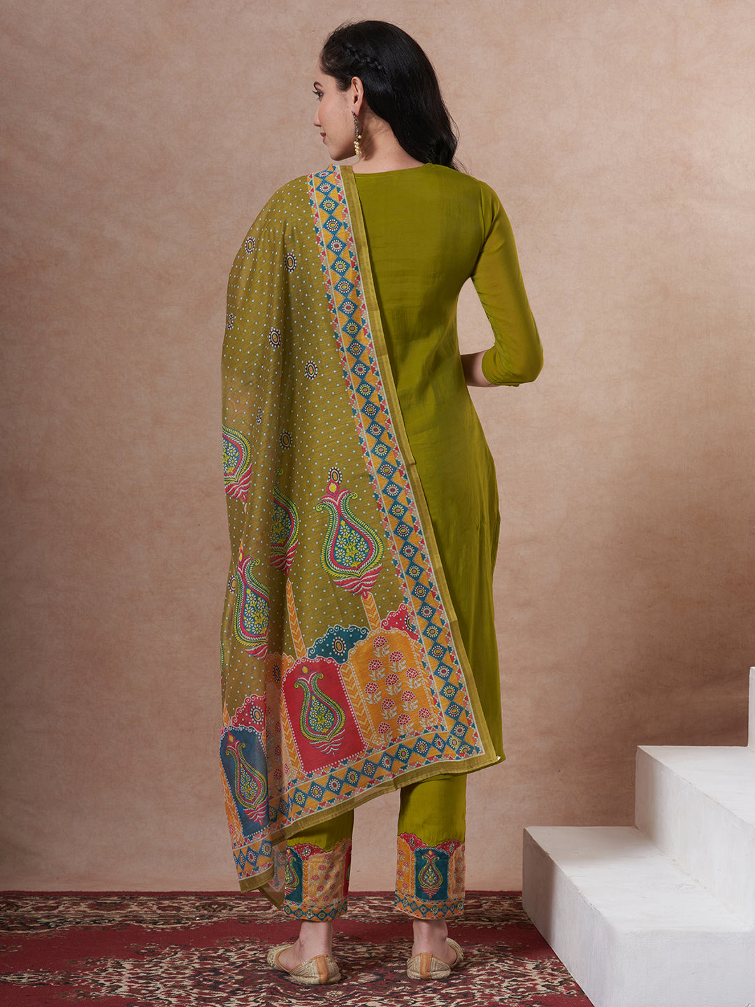 Solid Ethnic Printed Straight Kurta with Pant & Dupatta - Lime Green