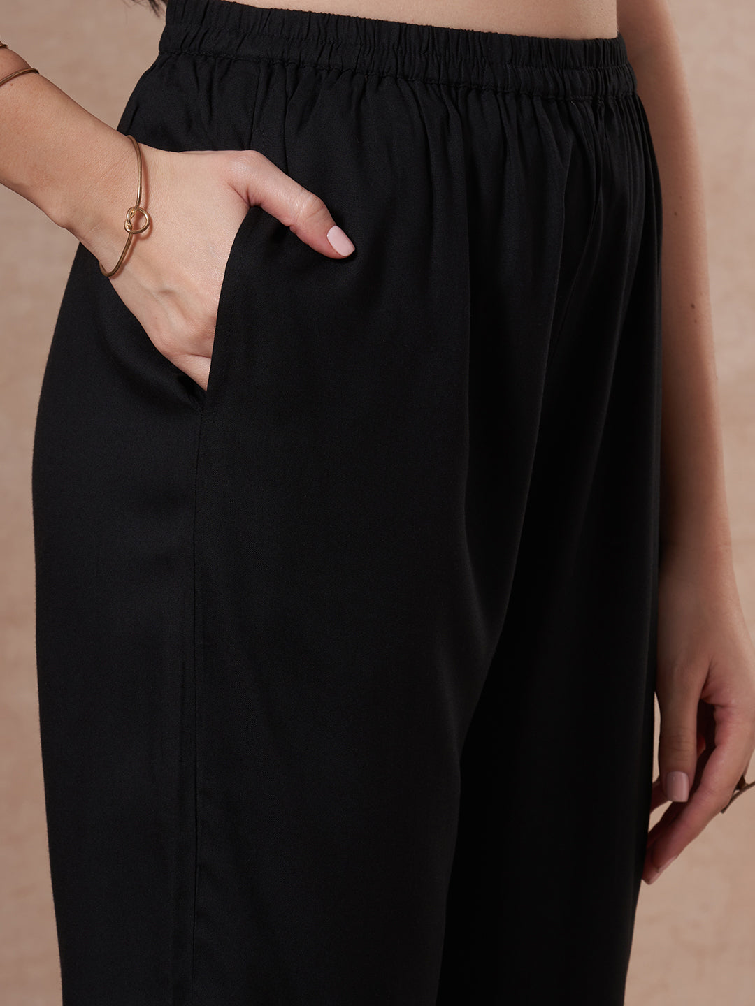 Solid Abstract Embroidered Straight Fit Kurta with Pant and Printed Dupatta - Black