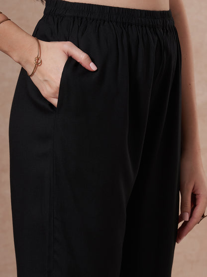 Solid Abstract Embroidered Straight Fit Kurta with Pant and Printed Dupatta - Black