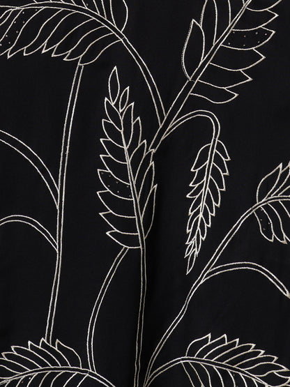 Solid Abstract Embroidered Straight Fit Kurta with Pant and Printed Dupatta - Black