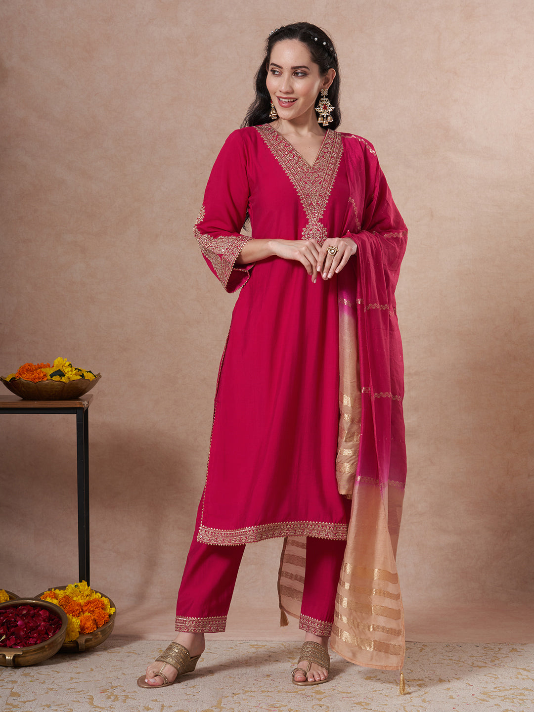 Festive Solid Zari Embroidered Straight Fit Kurta with Pant and Ombre Dupatta - Pink
