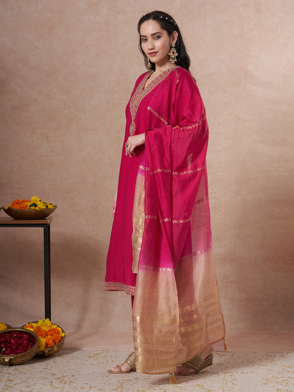 Festive Solid Zari Embroidered Straight Fit Kurta with Pant and Ombre Dupatta - Pink
