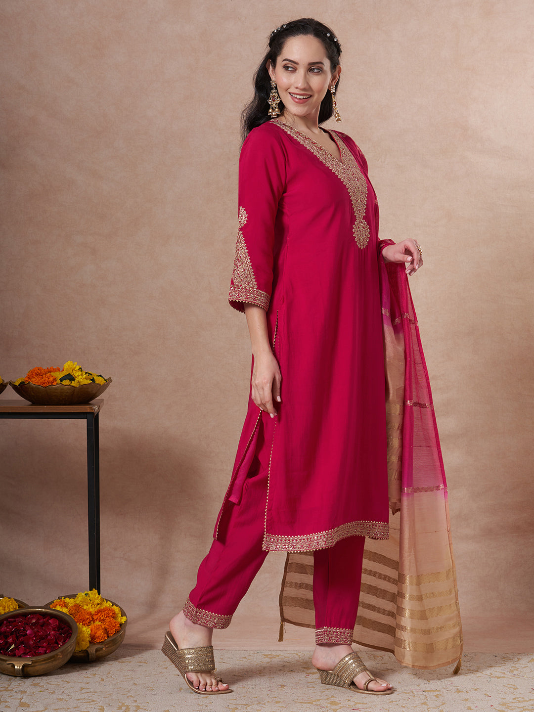 Festive Solid Zari Embroidered Straight Fit Kurta with Pant and Ombre Dupatta - Pink