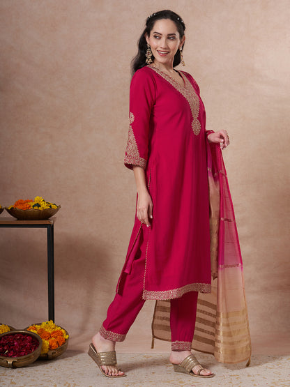 Festive Solid Zari Embroidered Straight Fit Kurta with Pant and Ombre Dupatta - Pink