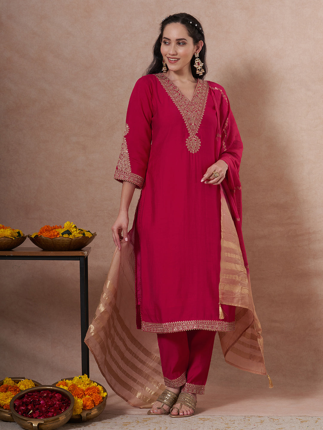 Festive Solid Zari Embroidered Straight Fit Kurta with Pant and Ombre Dupatta - Pink