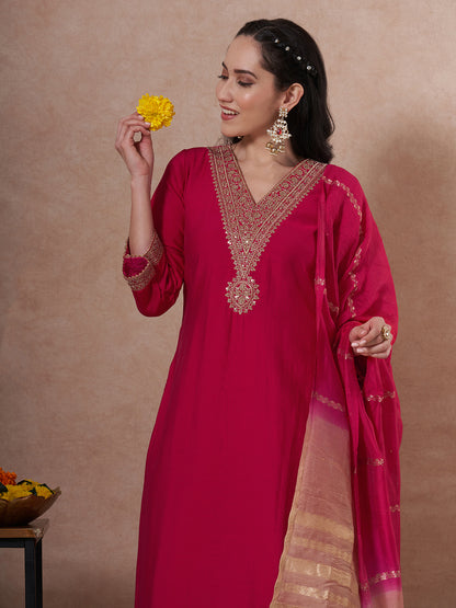 Festive Solid Zari Embroidered Straight Fit Kurta with Pant and Ombre Dupatta - Pink