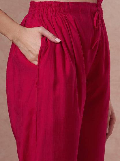 Festive Solid Zari Embroidered Straight Fit Kurta with Pant and Ombre Dupatta - Pink