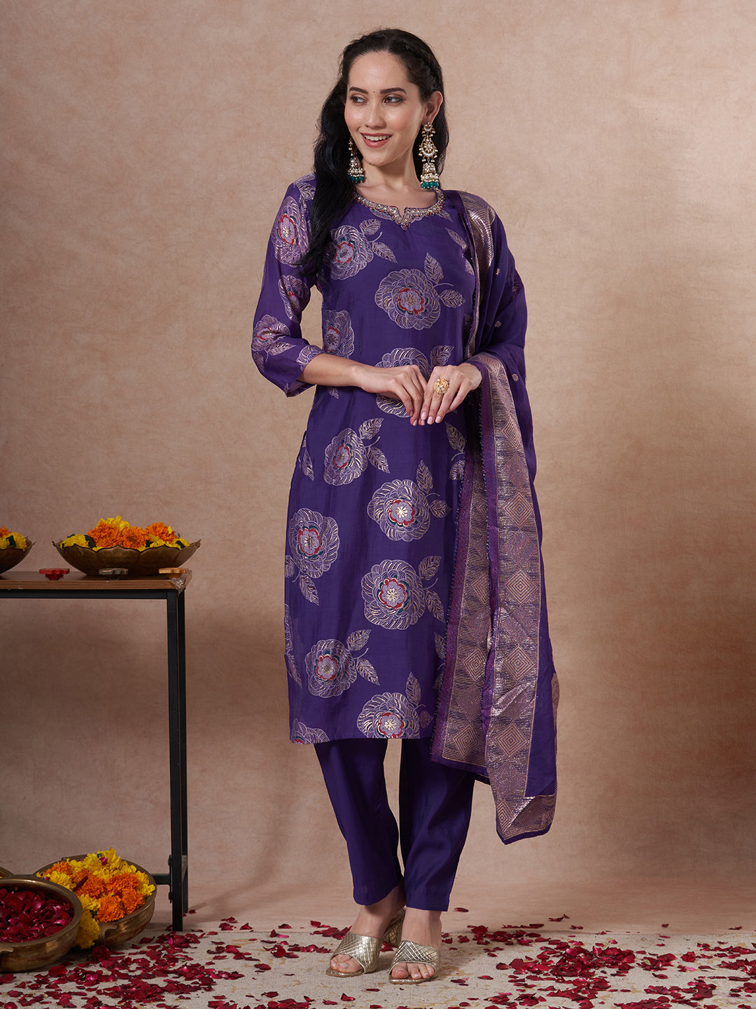 Festive Floral Foil Printed Embroidered Straight Cut Kurta with Pant & Dupatta - Purple