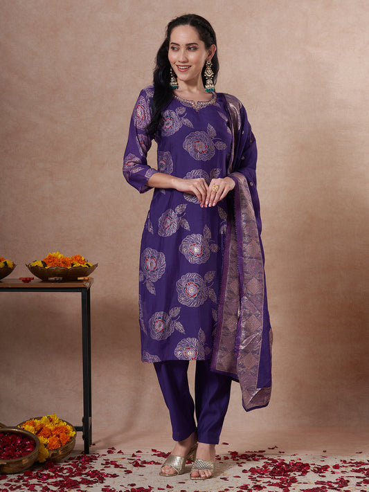 Festive Floral Foil Printed Embroidered Straight Cut Kurta with Pant & Dupatta - Purple