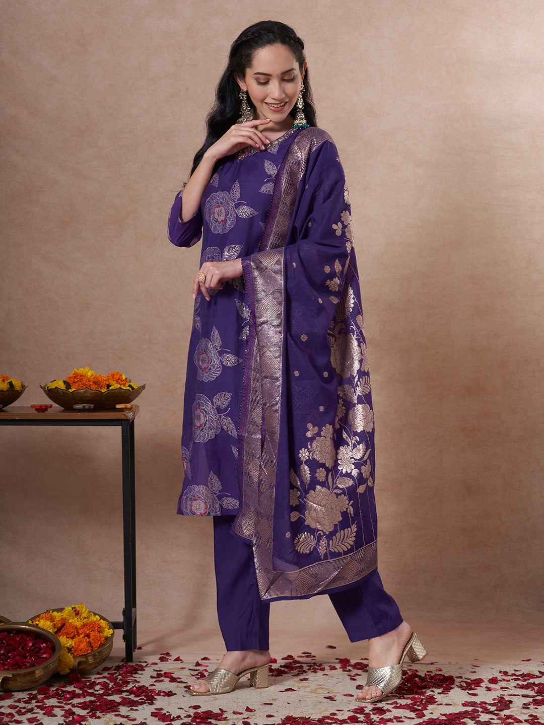 Festive Floral Foil Printed Embroidered Straight Cut Kurta with Pant & Dupatta - Purple