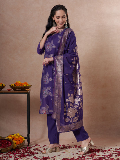Festive Floral Foil Printed Embroidered Straight Cut Kurta with Pant & Dupatta - Purple