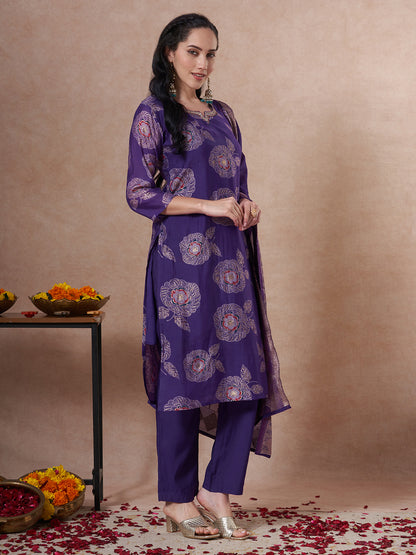 Festive Floral Foil Printed Embroidered Straight Cut Kurta with Pant & Dupatta - Purple