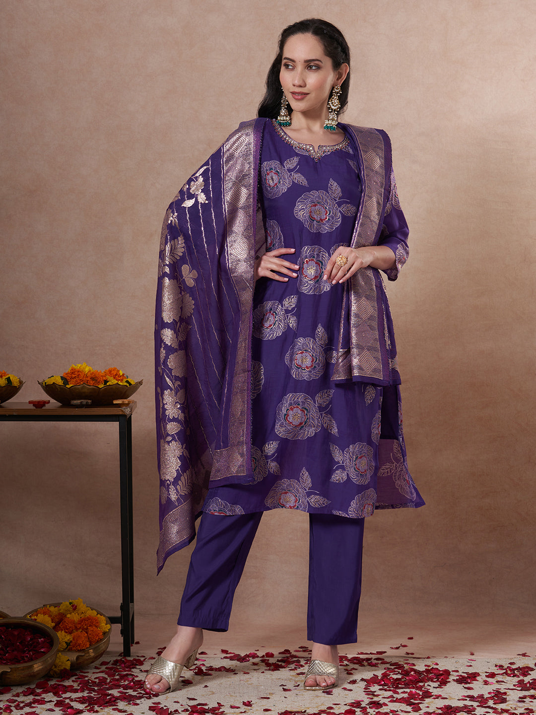 Festive Floral Foil Printed Embroidered Straight Cut Kurta with Pant & Dupatta - Purple