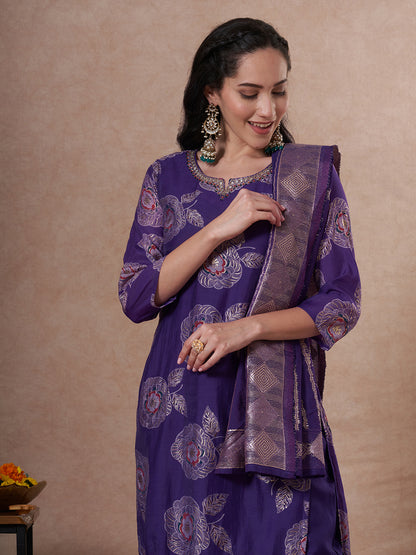 Festive Floral Foil Printed Embroidered Straight Cut Kurta with Pant & Dupatta - Purple