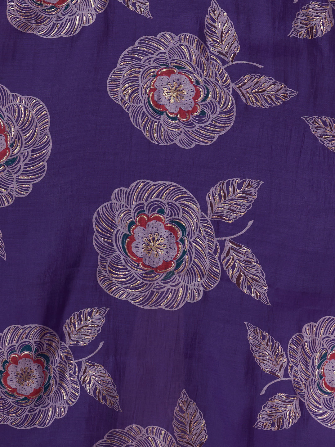 Festive Floral Foil Printed Embroidered Straight Cut Kurta with Pant & Dupatta - Purple