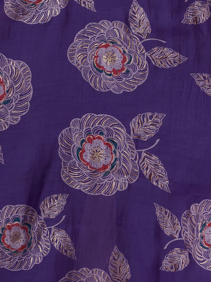 Festive Floral Foil Printed Embroidered Straight Cut Kurta with Pant & Dupatta - Purple