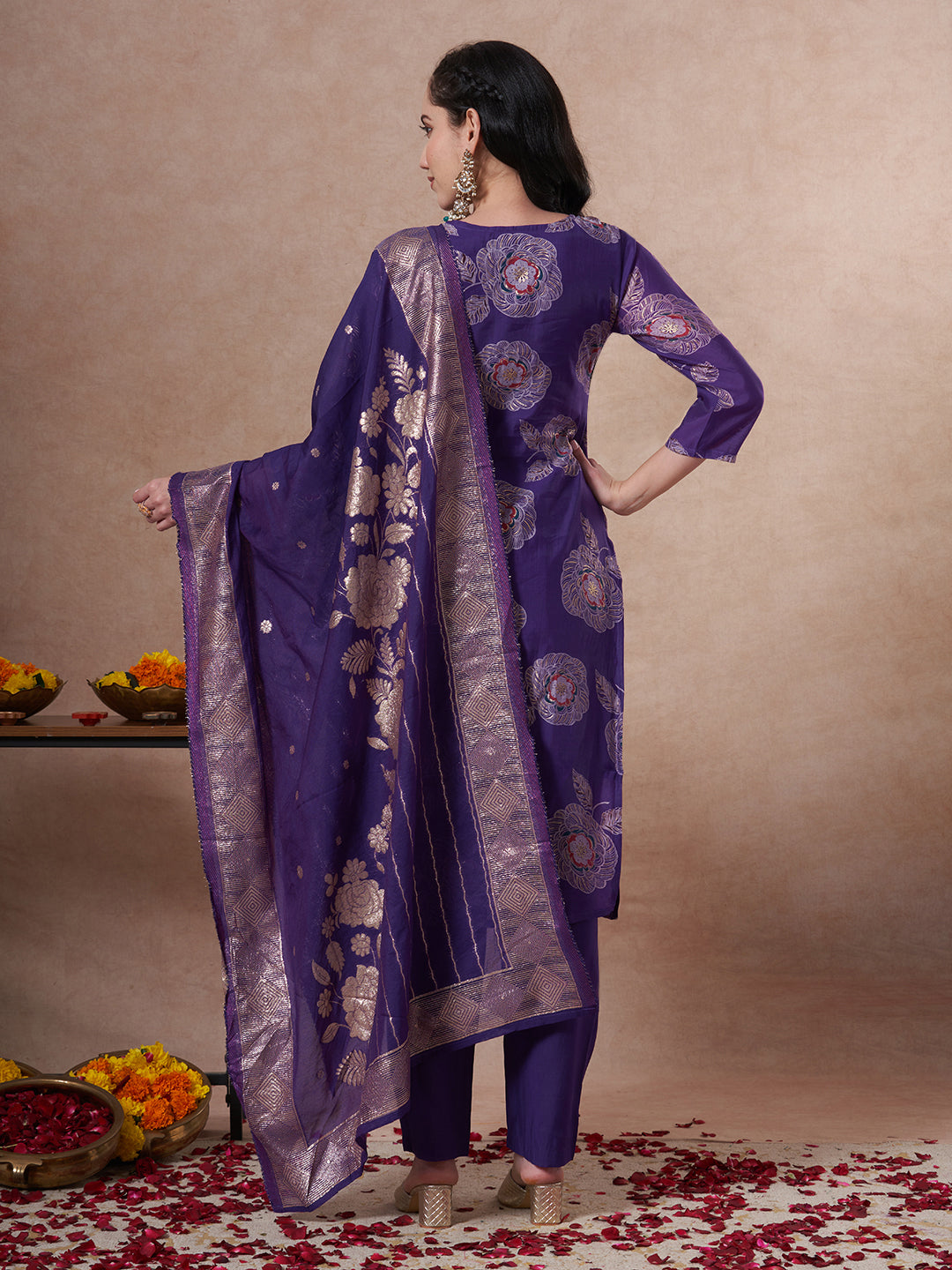 Festive Floral Foil Printed Embroidered Straight Cut Kurta with Pant & Dupatta - Purple