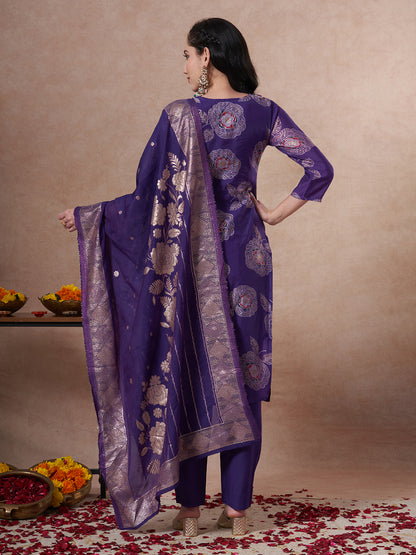Festive Floral Foil Printed Embroidered Straight Cut Kurta with Pant & Dupatta - Purple