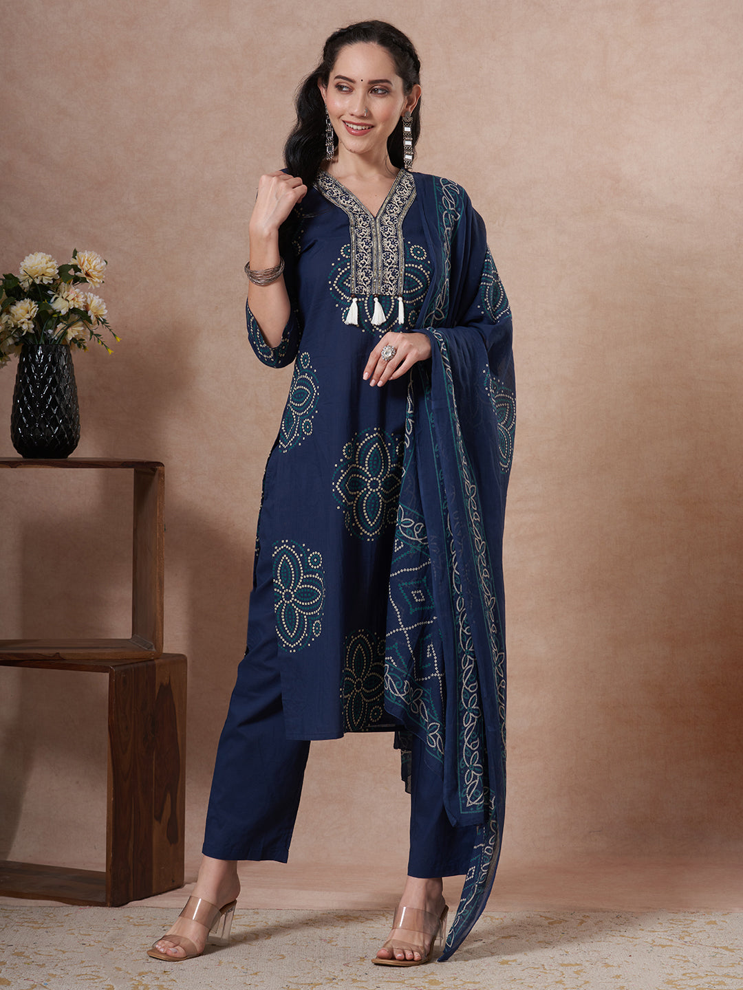 Bandhani Printed Embroidered Straight Fit Kurta with Pant and Dupatta - Blue