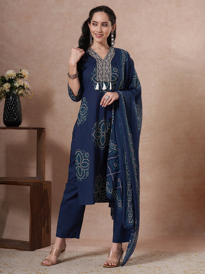 Bandhani Printed Embroidered Straight Fit Kurta with Pant and Dupatta - Blue