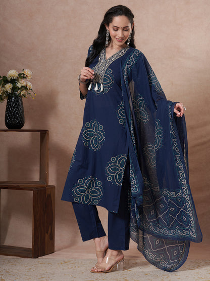 Bandhani Printed Embroidered Straight Fit Kurta with Pant and Dupatta - Blue