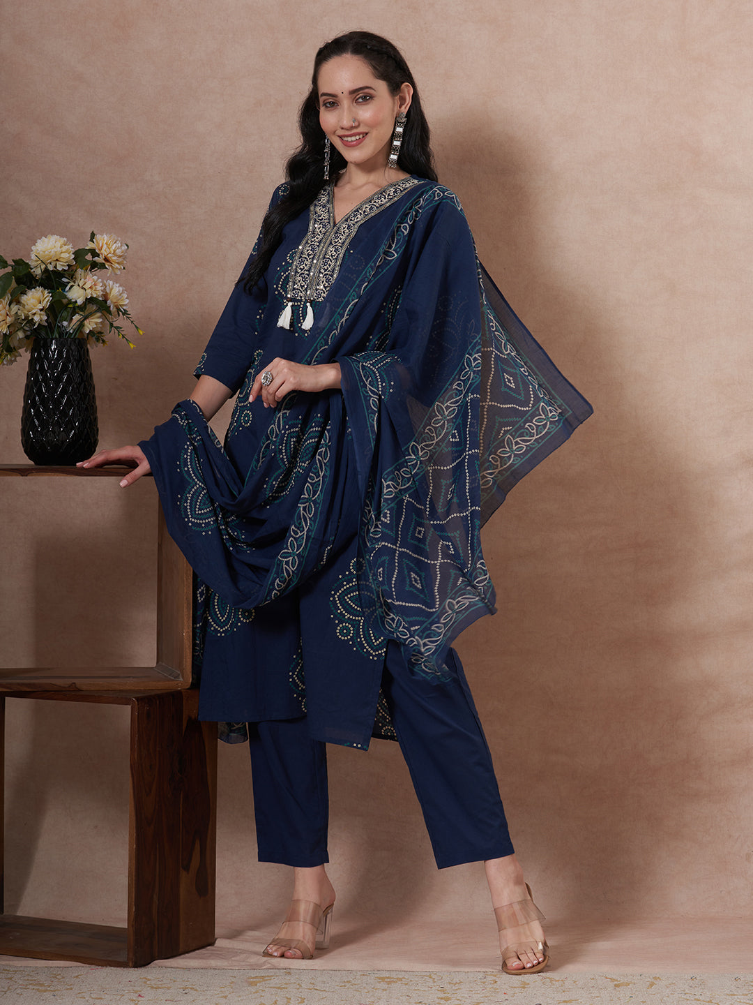 Bandhani Printed Embroidered Straight Fit Kurta with Pant and Dupatta - Blue