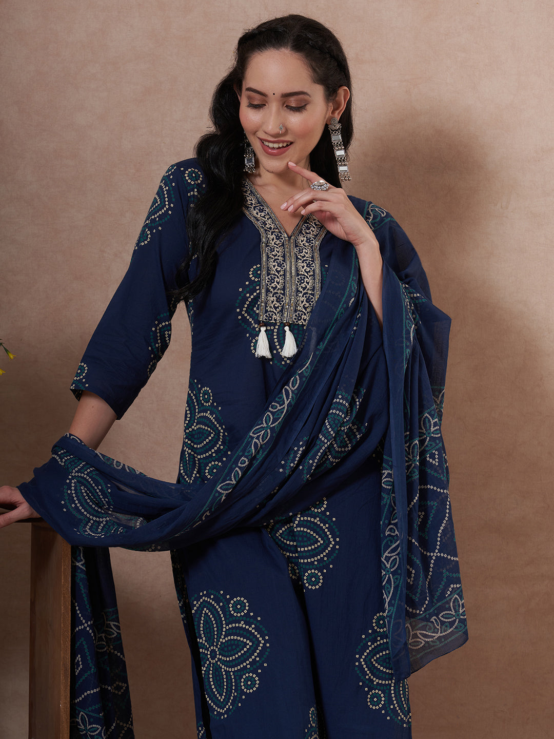 Bandhani Printed Embroidered Straight Fit Kurta with Pant and Dupatta - Blue