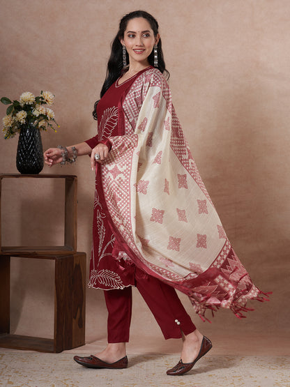 Solid Abstract Embroidered Straight Fit Kurta with Pant and Printed Dupatta - Maroon